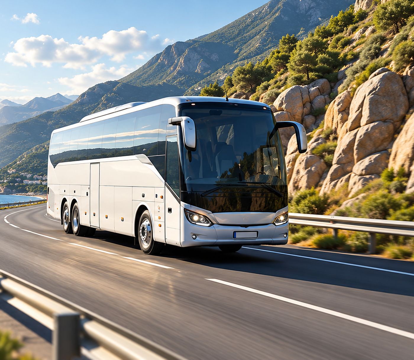 Coach on a coastal mountain road